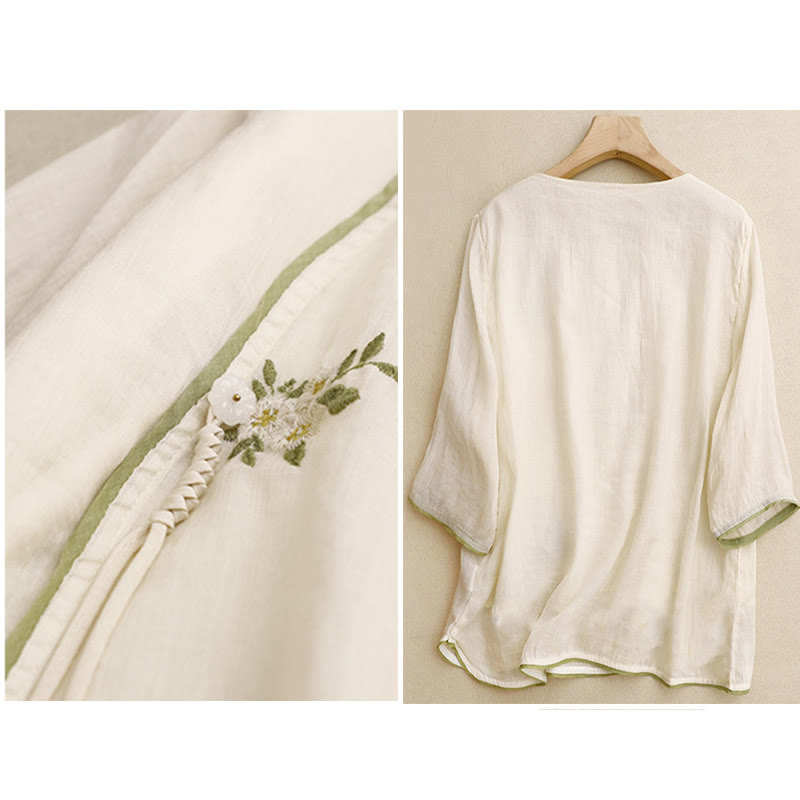Chemise en coton Buddha Stones à fleurs et feuilles vertes brodées, col ras du cou et manches trois-quarts pour femme - image 1