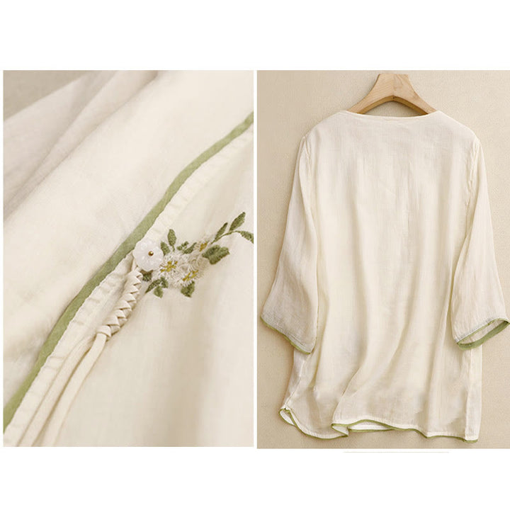 Chemise en coton Buddha Stones à fleurs et feuilles vertes brodées, col ras du cou et manches trois-quarts pour femme - image 1