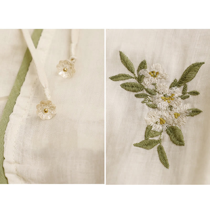 Chemise en coton Buddha Stones à fleurs et feuilles vertes brodées, col ras du cou et manches trois-quarts pour femme - image 10