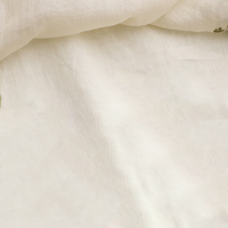 Chemise en coton Buddha Stones à fleurs et feuilles vertes brodées, col ras du cou et manches trois-quarts pour femme - image 6