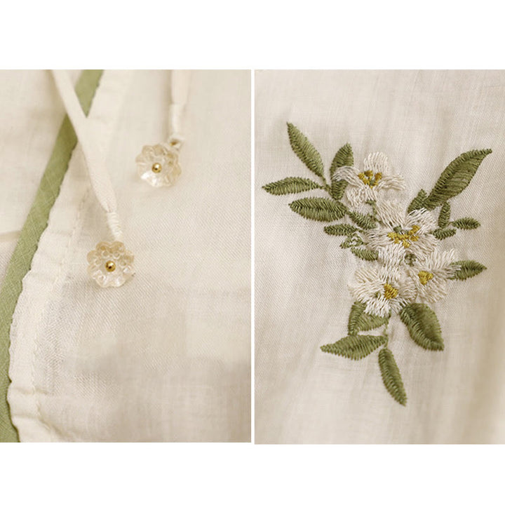 Chemise femme beige à manches trois-quarts, ornée de broderies florales et de feuilles vertes, avec motif de Buddha Stones - image 10