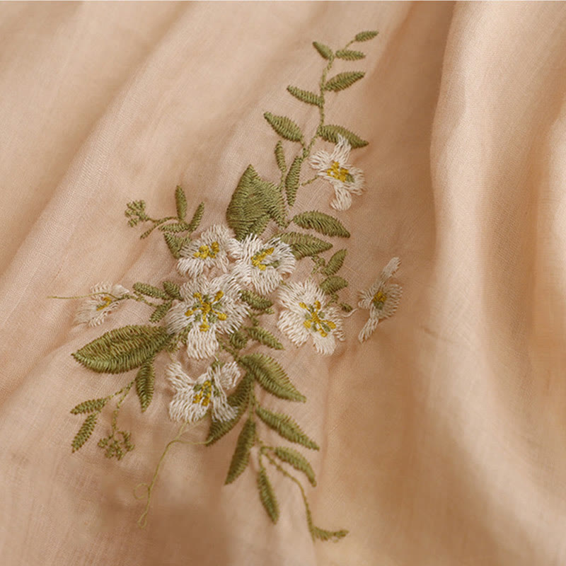 Chemise en coton Buddha Stones à fleurs et feuilles vertes brodées, col ras du cou et manches trois-quarts pour femme - image 15