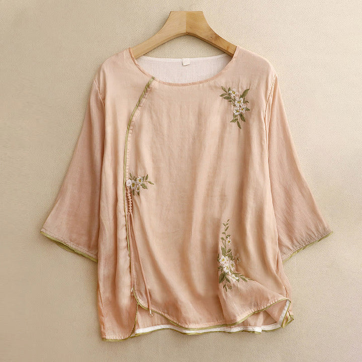 Chemise en coton Buddha Stones à fleurs et feuilles vertes brodées, col ras du cou et manches trois-quarts pour femme - Puff aux pêches - US12，UK/AU16，EU44 (2XL) - image 14