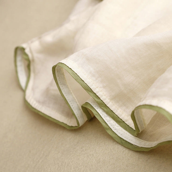 Chemise en coton Buddha Stones à fleurs et feuilles vertes brodées, col ras du cou et manches trois-quarts pour femme - image 7