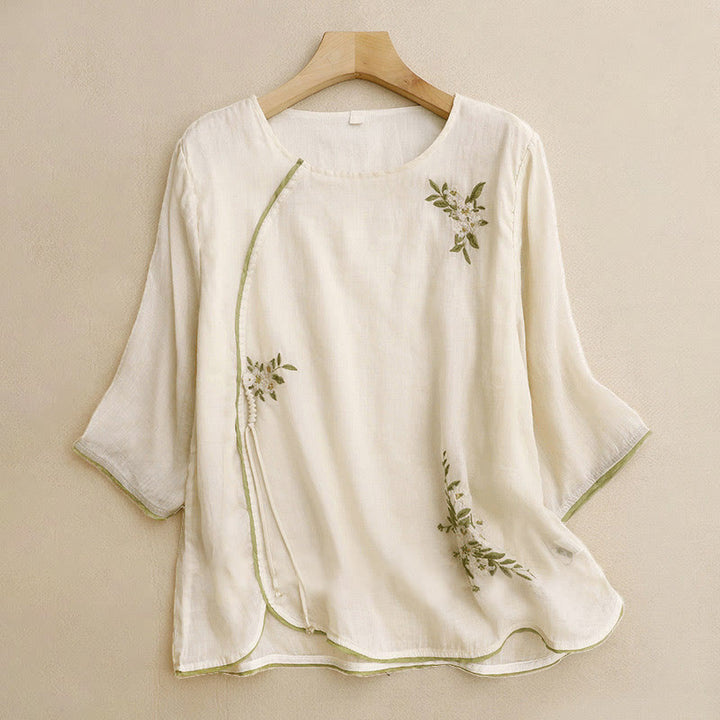 Chemise en coton Buddha Stones à fleurs et feuilles vertes brodées, col ras du cou et manches trois-quarts pour femme - Beige - US12，UK/AU16，EU44 (2XL) - image 1