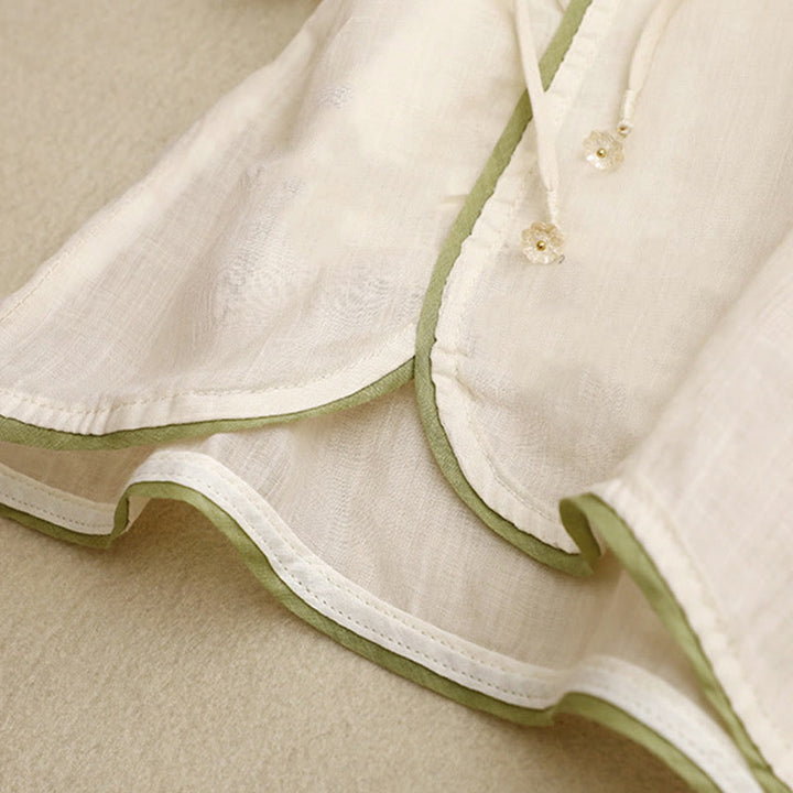 Chemise en coton Buddha Stones à fleurs et feuilles vertes brodées, col ras du cou et manches trois-quarts pour femme - image 10