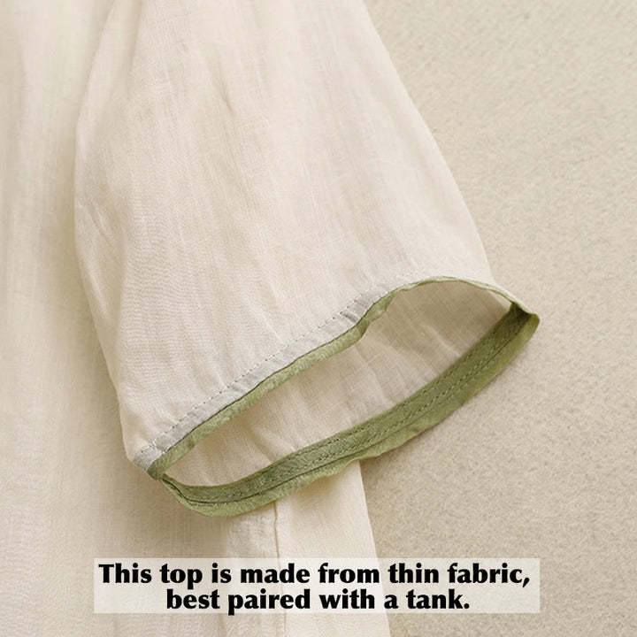 Chemise en coton Buddha Stones à fleurs et feuilles vertes brodées, col ras du cou et manches trois-quarts pour femme - image 3