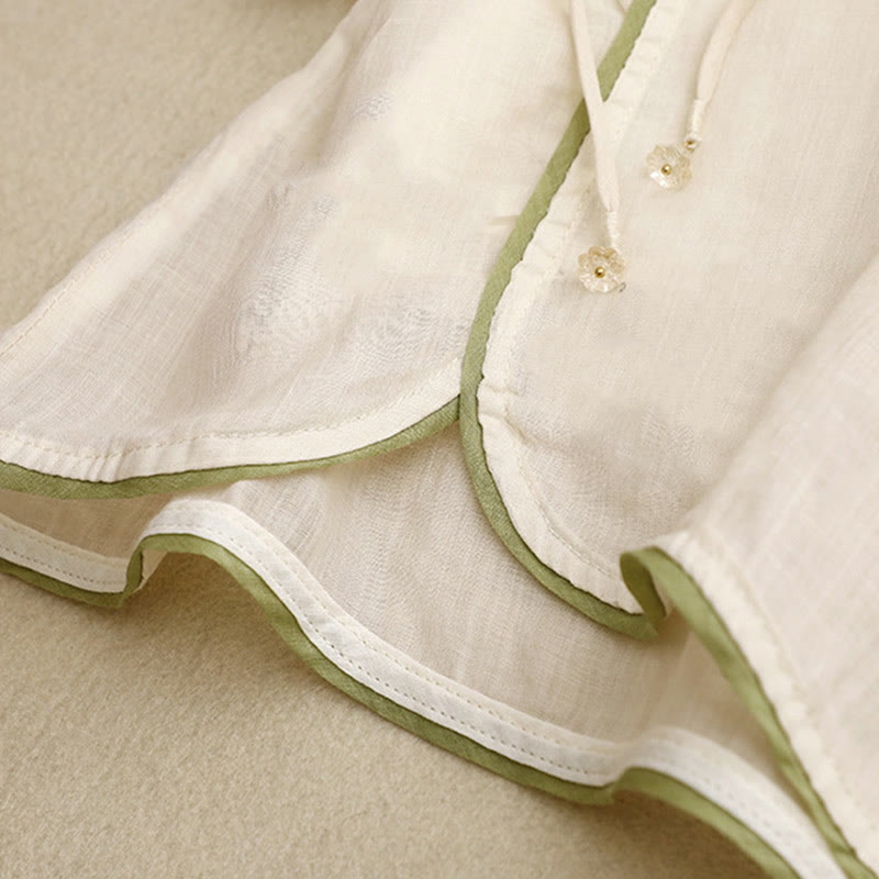 Chemise en coton Buddha Stones à fleurs et feuilles vertes brodées, col ras du cou et manches trois-quarts pour femme - image 9