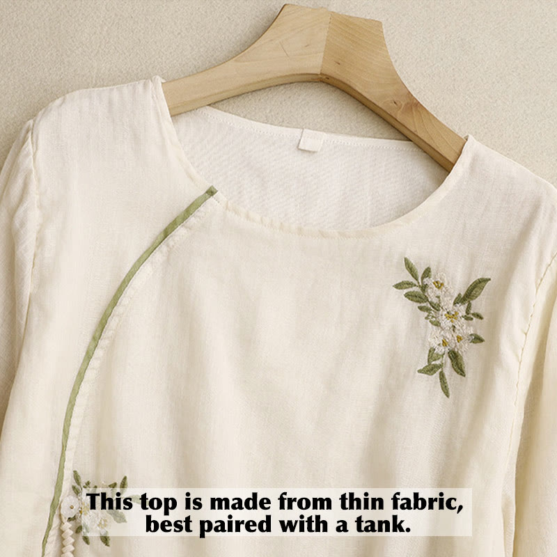 Chemise femme beige à manches trois-quarts, ornée de broderies florales et de feuilles vertes, avec motif de Buddha Stones - image 2