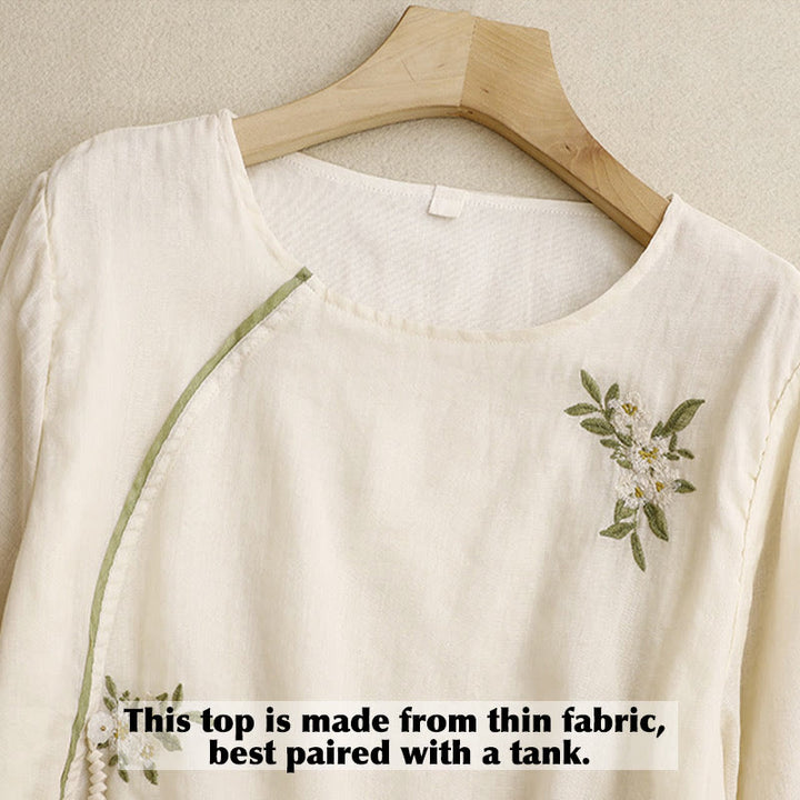 Chemise femme beige à manches trois-quarts, ornée de broderies florales et de feuilles vertes, avec motif de Buddha Stones - image 2