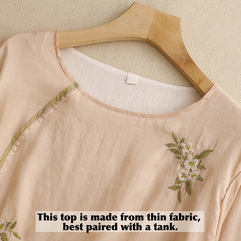 Chemise en coton Buddha Stones à fleurs et feuilles vertes brodées, col ras du cou et manches trois-quarts pour femme - image 14