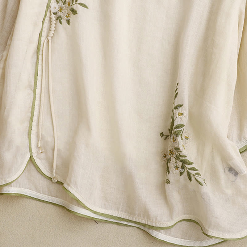 Chemise en coton Buddha Stones à fleurs et feuilles vertes brodées, col ras du cou et manches trois-quarts pour femme - image 5