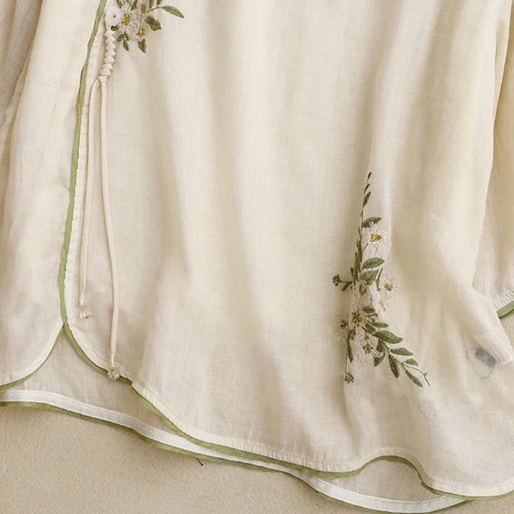 Chemise en coton Buddha Stones à fleurs et feuilles vertes brodées, col ras du cou et manches trois-quarts pour femme - image 5