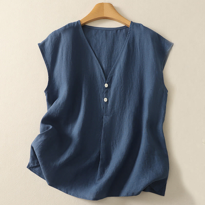 Gilet sans manches en coton pour femme, col en V, style rétro, motif Buddha Stones - Bleu acier - US8-10，UK/AU12-14，EU40-42 (2XL) - image 0