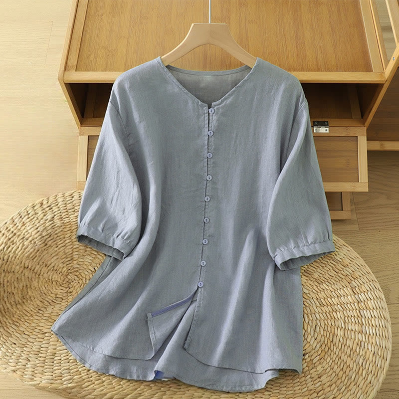 Chemise femme à manches mi-longues et col en V avec boutons unis Buddha Stones - Bleu acier clair - US12，UK/AU16，EU44 (2XL) - image 21
