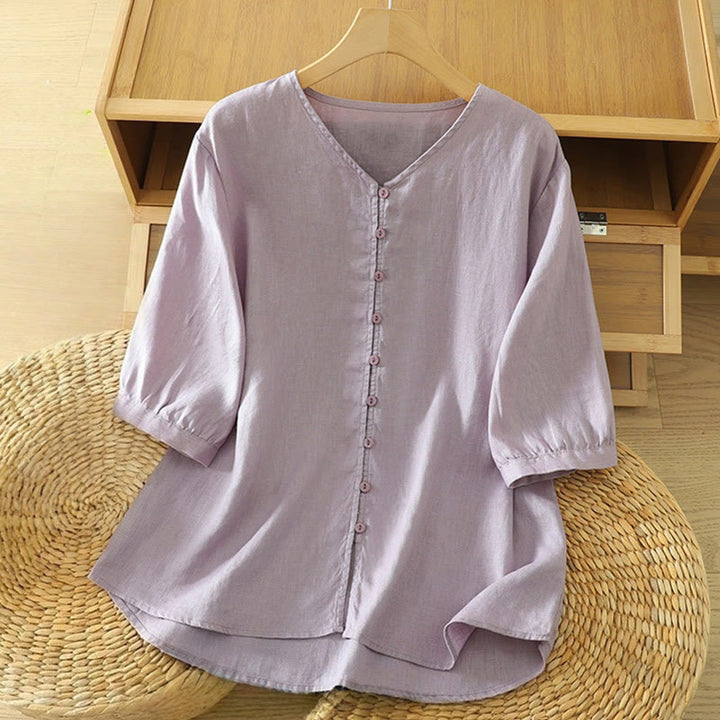 Chemise femme à manches courtes et col en V, boutons unis, Buddha Stones - Chardon - US12，UK/AU16，EU44 (2XL) - image 26