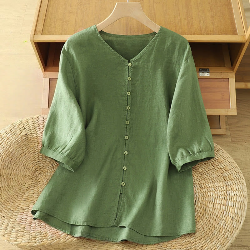 Chemise femme à manches mi-longues et col en V avec boutons unis Buddha Stones - Vert foncé - US12，UK/AU16，EU44 (2XL) - image 16