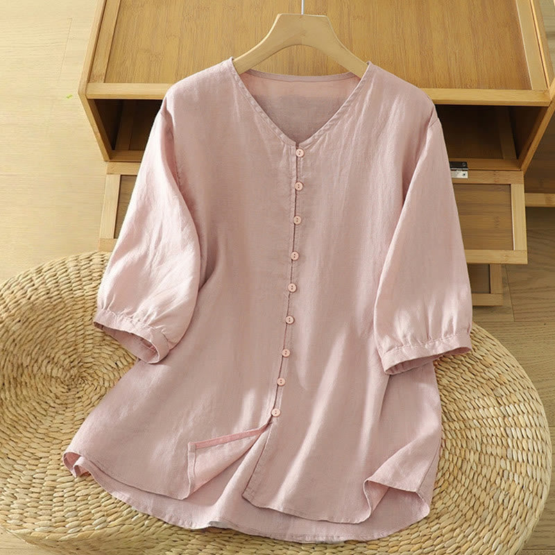 Chemise femme à manches courtes et col en V, boutons unis, Buddha Stones - Rose clair - US12，UK/AU16，EU44 (2XL) - image 0