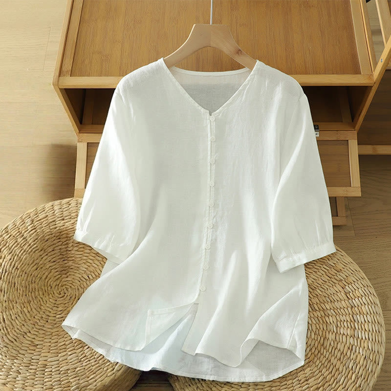 Chemise femme à manches courtes et col en V, boutons unis, Buddha Stones - Blanc - US12，UK/AU16，EU44 (2XL) - image 6