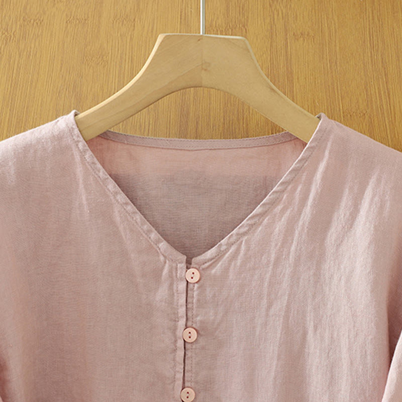 Chemise femme à manches courtes et col en V, boutons unis, Buddha Stones - image 2