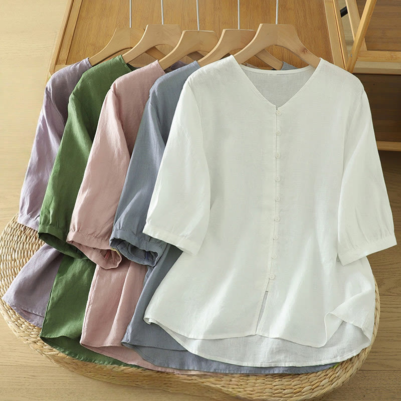 Chemise femme à manches mi-longues et col en V avec boutons unis Buddha Stones - image 1