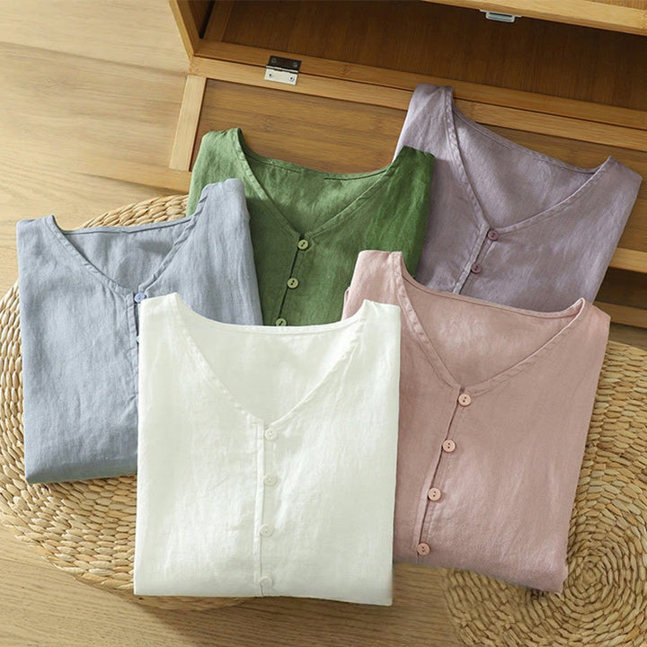 Chemise femme à manches mi-longues et col en V avec boutons unis Buddha Stones - image 32