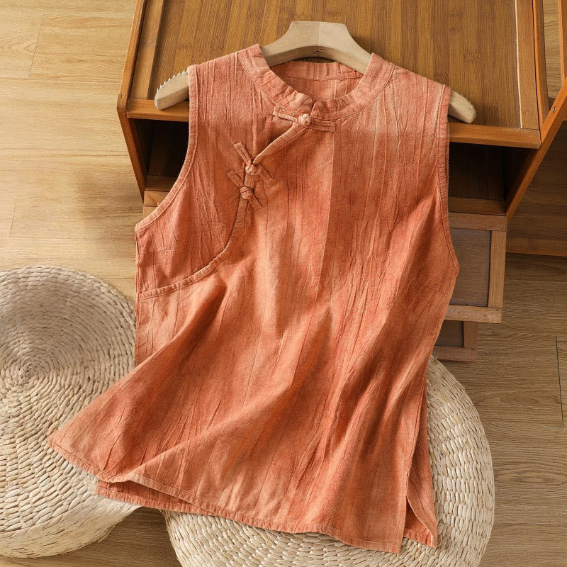 Gilet sans manches en coton pour femme, motif rétro à boutons grenouilles et Buddha Stones - Orange - US8-10，UK/AU12-14，EU40-42 (2XL) - image 1