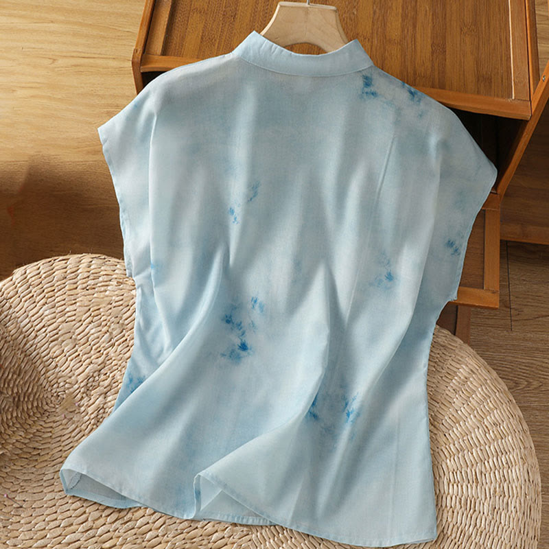 Chemise sans manches bleu clair à boutons grenouille Buddha Stones pour femme - image 1