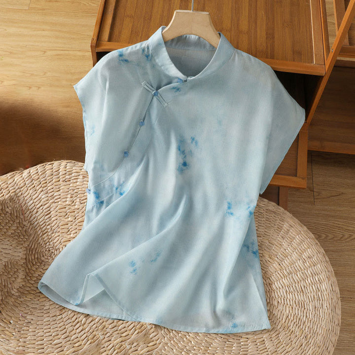 Chemise sans manches bleu clair à boutons grenouille Buddha Stones pour femme - Bleu clair - US8-10，UK/AU12-14，EU40-42 (2XL) - image 0