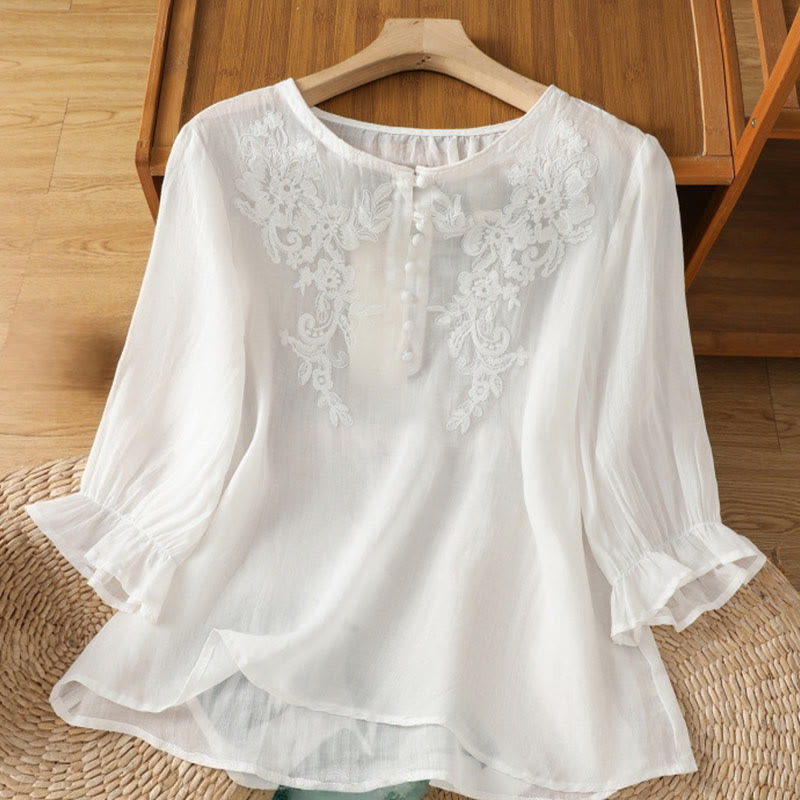Chemise en coton pour femme, col ras du cou, manches trois-quarts, broderie de fleurs et de Buddha Stones - Blanc - US12，UK/AU16，EU44 (2XL) - image 10