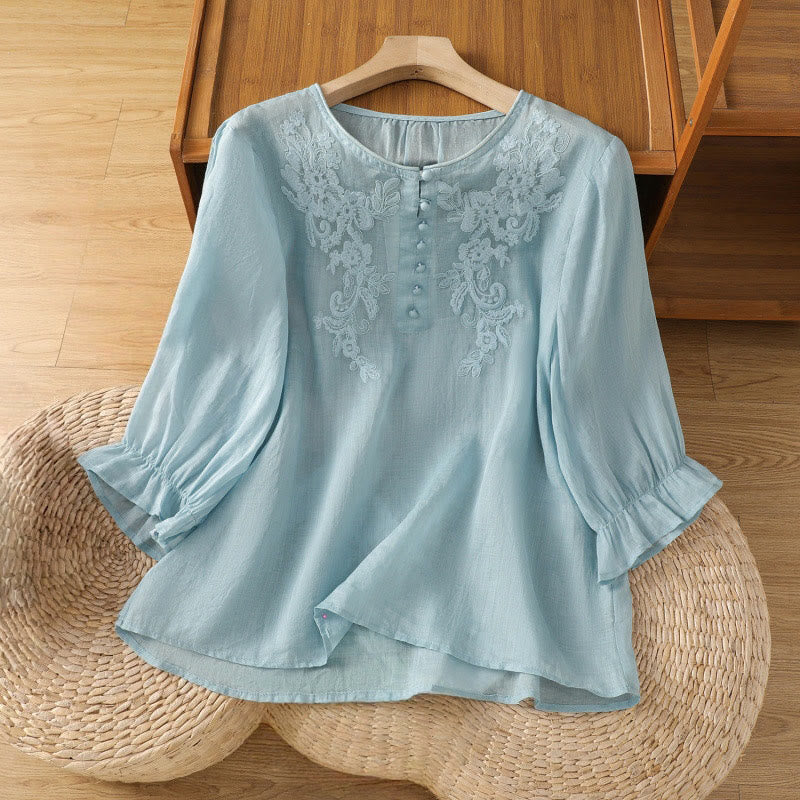 Chemise en coton pour femme, col ras du cou, manches trois-quarts, broderie de fleurs et de Buddha Stones - Bleu clair - US12，UK/AU16，EU44 (2XL) - image 25
