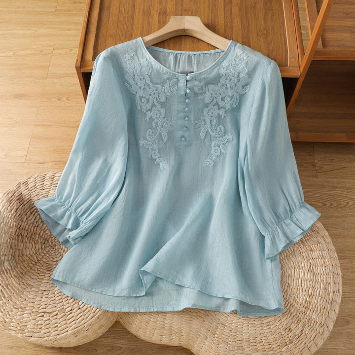 Chemise en coton pour femme, col ras du cou, manches trois-quarts, broderie de fleurs et de Buddha Stones - Bleu clair - US12，UK/AU16，EU44 (2XL) - image 25