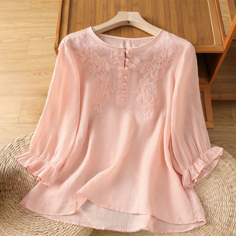Chemise en coton pour femme, col ras du cou, manches trois-quarts, broderie de fleurs et de Buddha Stones - Rose clair - US12，UK/AU16，EU44 (2XL) - image 17
