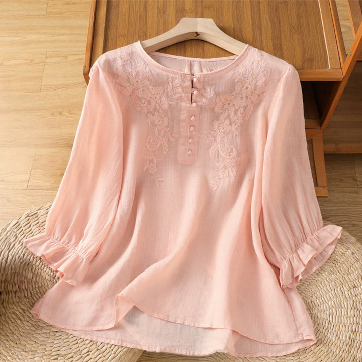 Chemise en coton pour femme, col ras du cou, manches trois-quarts, broderie de fleurs et de Buddha Stones - Rose clair - US12，UK/AU16，EU44 (2XL) - image 17