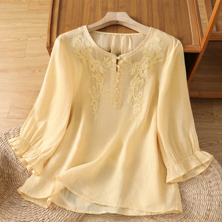 Chemise en coton pour femme, col ras du cou, manches trois-quarts, broderie de fleurs et de Buddha Stones - Kaki - US12，UK/AU16，EU44 (2XL) - image 0