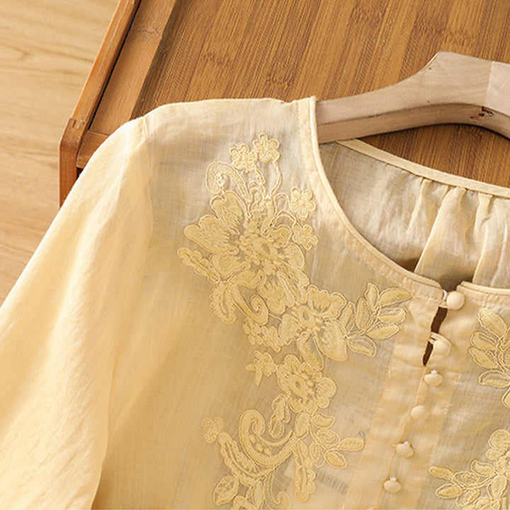Chemise en coton pour femme, col ras du cou, manches trois-quarts, broderie de fleurs et de Buddha Stones - image 7