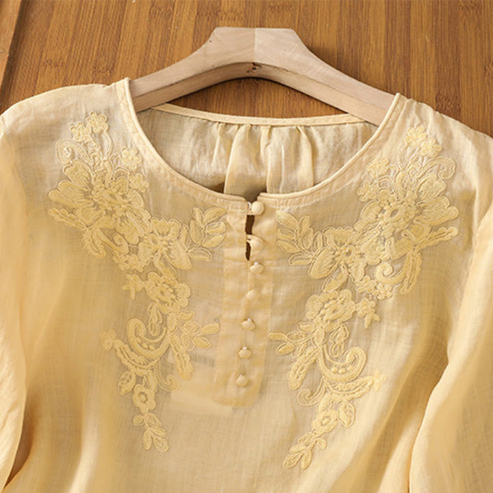 Chemise en coton pour femme, col ras du cou, manches trois-quarts, broderie de fleurs et de Buddha Stones - image 5