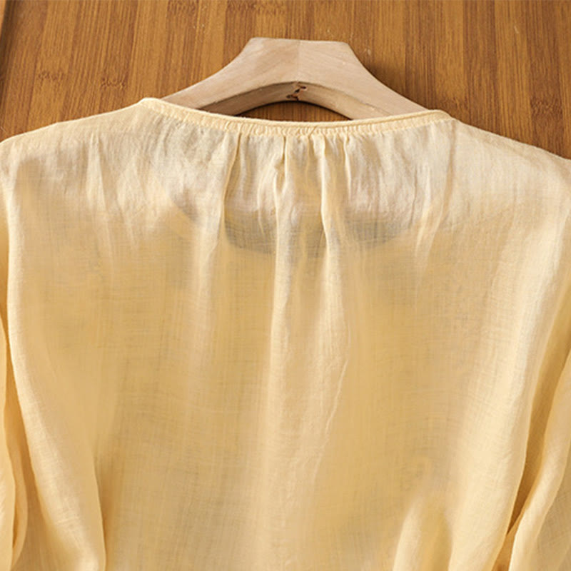 Chemise en coton pour femme, col ras du cou, manches trois-quarts, broderie de fleurs et de Buddha Stones - image 5