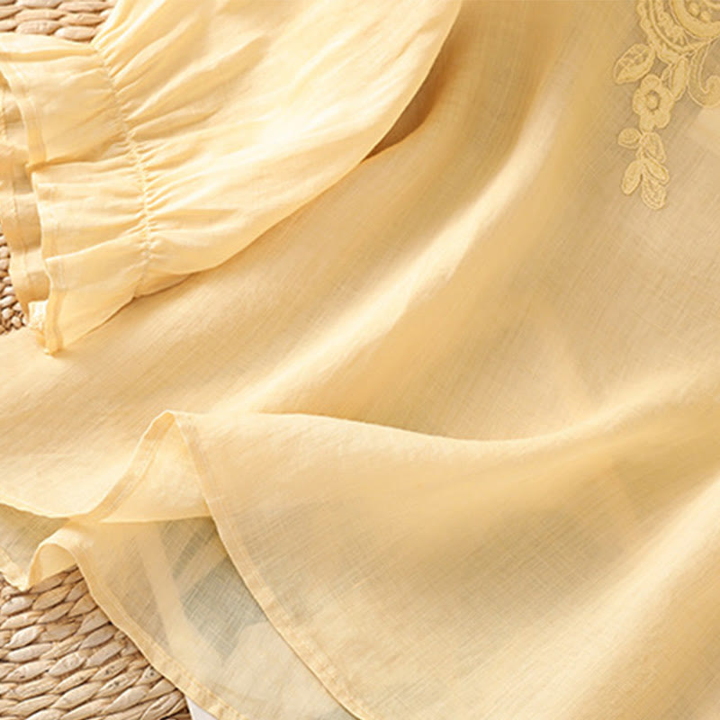 Chemise en coton pour femme, col ras du cou, manches trois-quarts, broderie de fleurs et de Buddha Stones - image 8