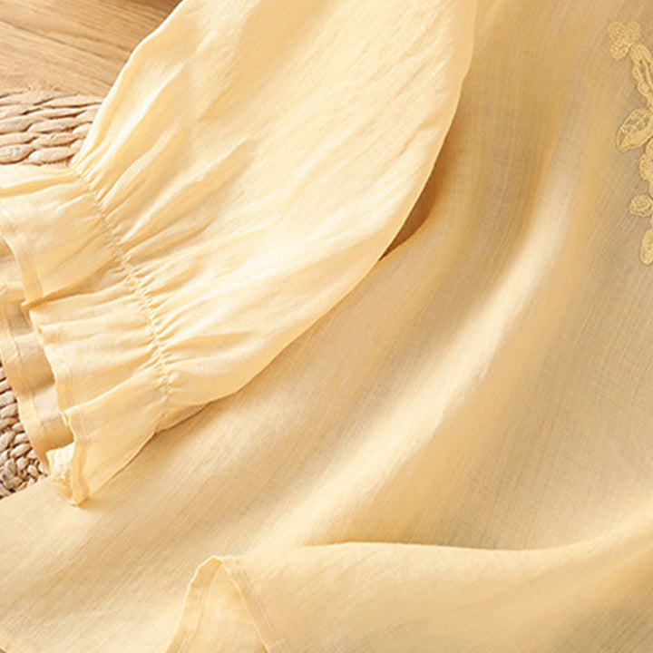 Chemise en coton pour femme, col ras du cou, manches trois-quarts, broderie de fleurs et de Buddha Stones - image 7