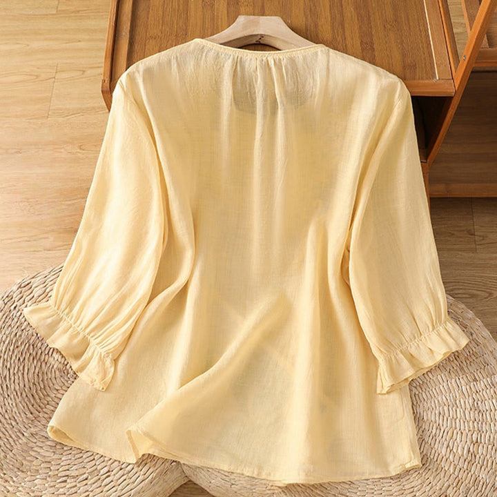 Chemise en coton pour femme, col ras du cou, manches trois-quarts, broderie de fleurs et de Buddha Stones - image 3