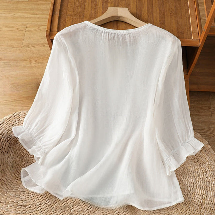 Chemise en coton pour femme, col ras du cou, manches trois-quarts, broderie de fleurs et de Buddha Stones - image 10