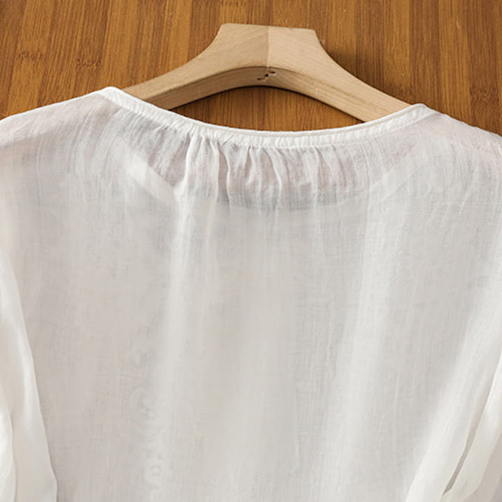 Chemise en coton pour femme, col ras du cou, manches trois-quarts, broderie de fleurs et de Buddha Stones - image 12