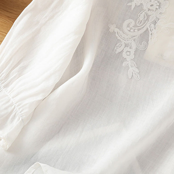 Chemise en coton pour femme, col ras du cou, manches trois-quarts, broderie de fleurs et de Buddha Stones - image 15