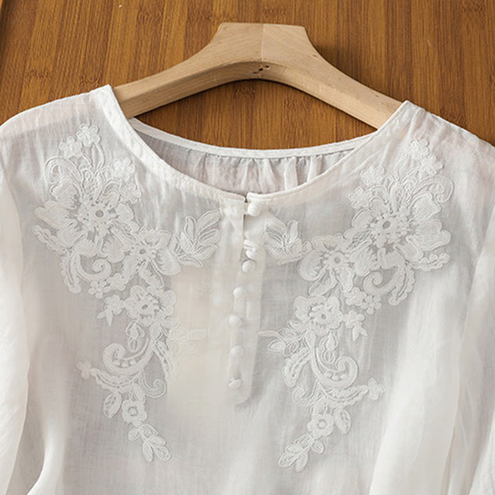 Chemise en coton pour femme, col ras du cou, manches trois-quarts, broderie de fleurs et de Buddha Stones - image 12
