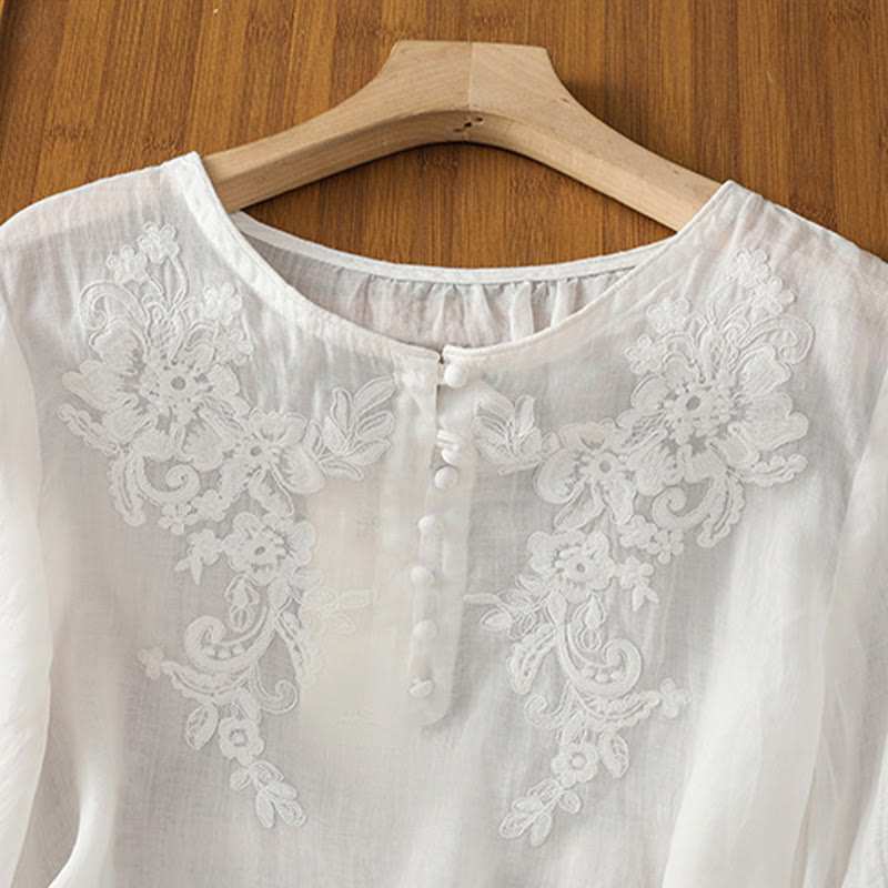 Chemise en coton pour femme, col ras du cou, manches trois-quarts, broderie de fleurs et de Buddha Stones - image 11