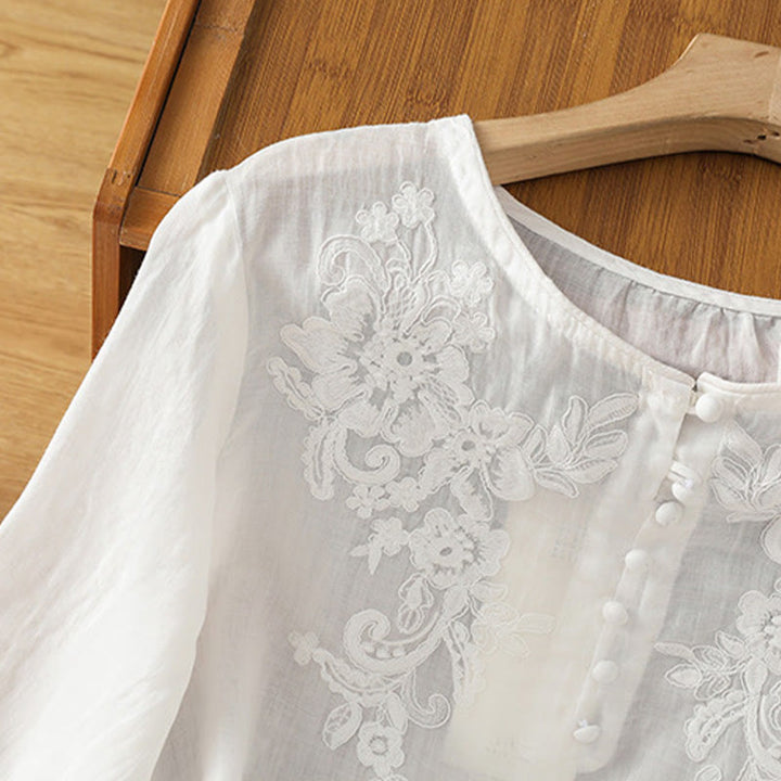 Chemise en coton pour femme, col ras du cou, manches trois-quarts, broderie de fleurs et de Buddha Stones - image 13