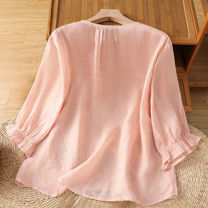 Chemise en coton pour femme, col ras du cou, manches trois-quarts, broderie de fleurs et de Buddha Stones - image 18