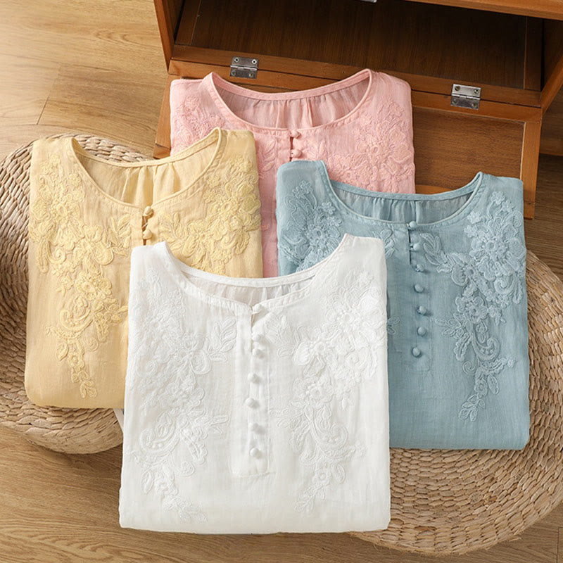 Chemise en coton pour femme, col ras du cou, manches trois-quarts, broderie de fleurs et de Buddha Stones - image 34