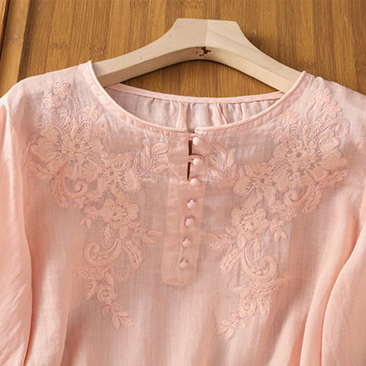 Chemise en coton pour femme, col ras du cou, manches trois-quarts, broderie de fleurs et de Buddha Stones - image 20